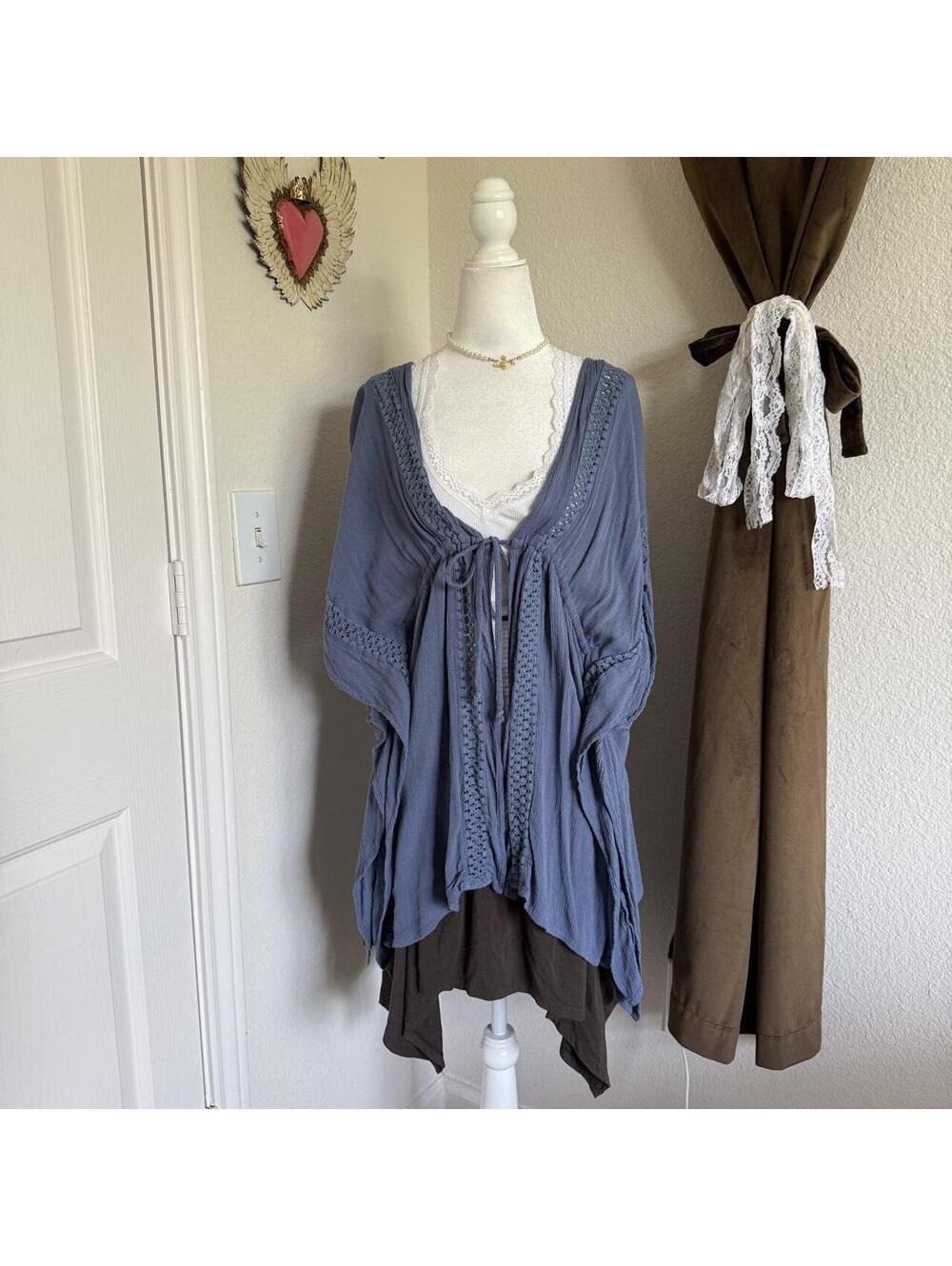 Elan Kimono Bed Jacket Dusty Blue Bohemian Whimsical Layering
